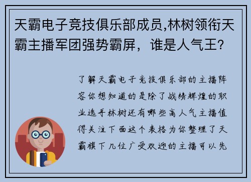 天霸电子竞技俱乐部成员,林树领衔天霸主播军团强势霸屏，谁是人气王？